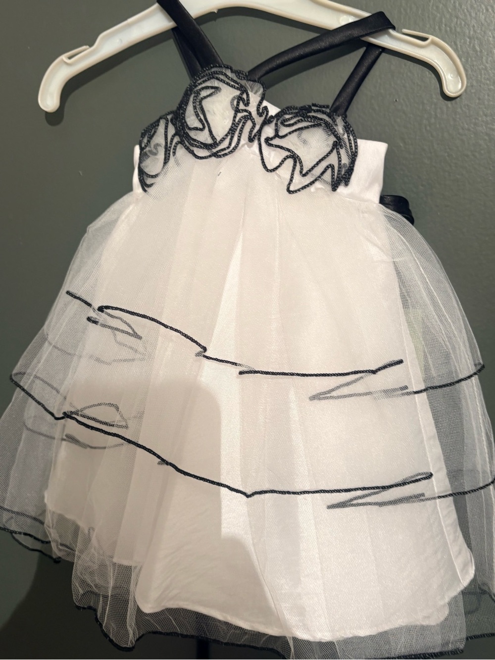 Girls White Tulle Party Dress with Black Trim